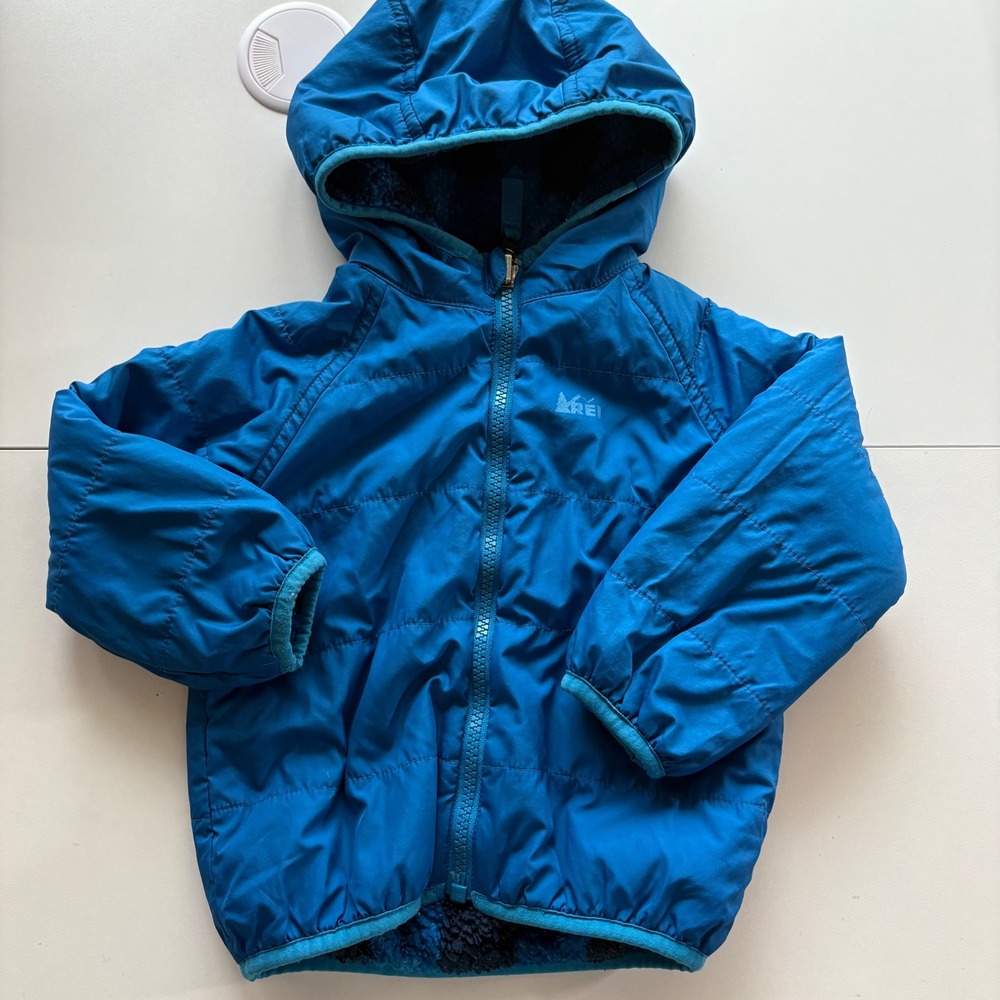 REI Reversible‎ Hooded Jacket Kids 18M Blue Buffalo Plaid Fleece Puffer